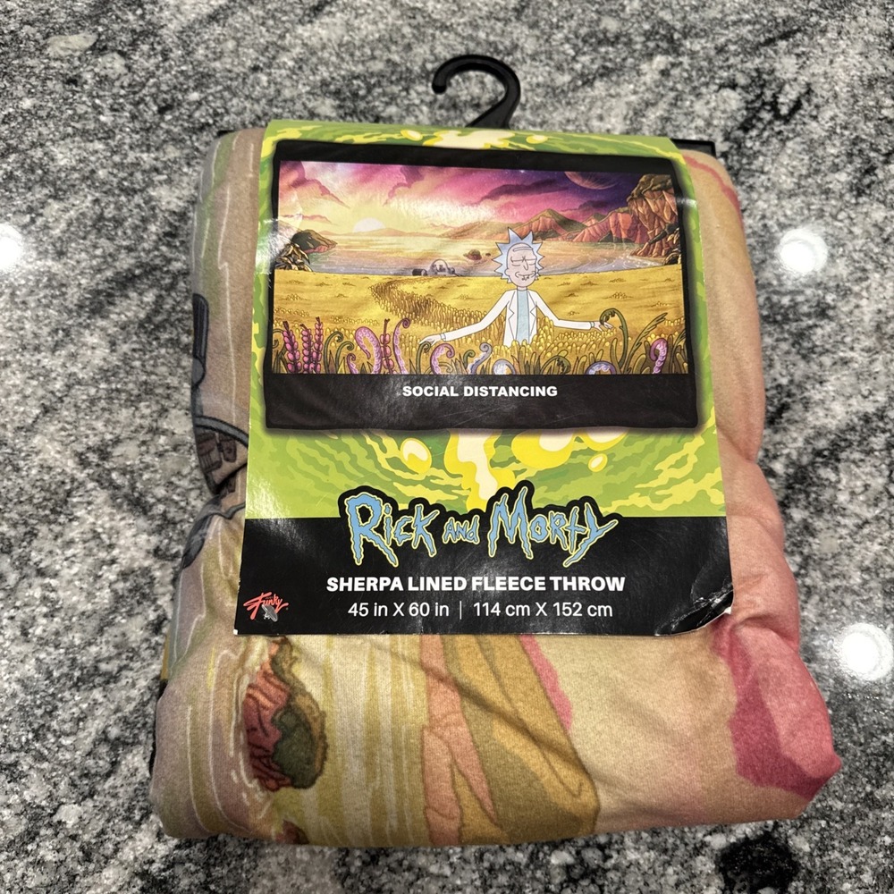 Rick and Morty Social Distancing Sherpa Lined Fleece Throw Blanket 45x60 - NEW